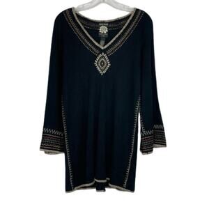 Lucky Brand black long sleeve knit tunic V-neck embroidered bohemian size Medium